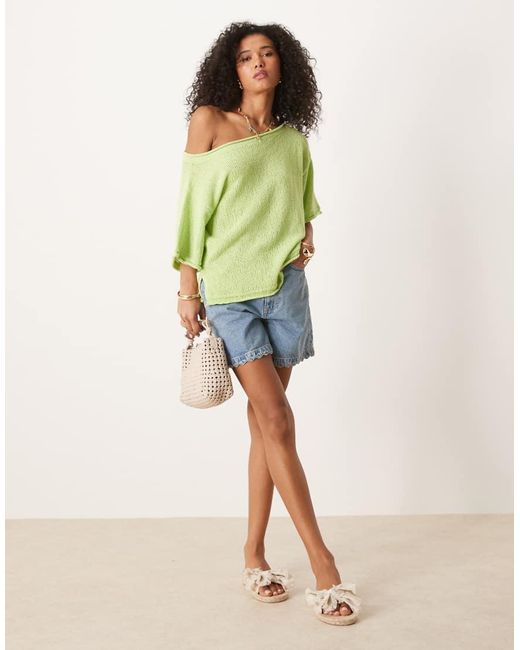 ASOS Green Loose Knit Off Shoulder Short Sleeve Jumper