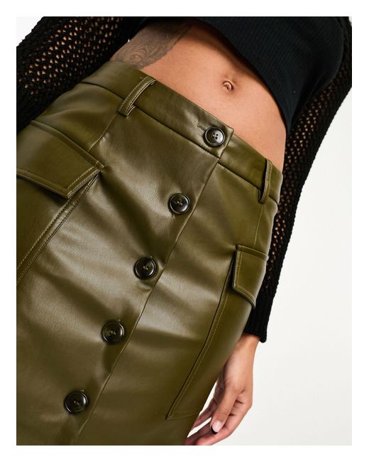 ONLY Green Faux Leather Button Down Cargo Midi Skirt