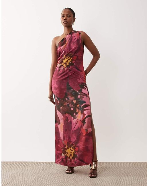 ASOS Red One Shoulder Satin Maxi Dress With Pleat Detail