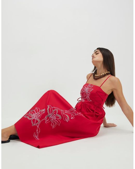 River Island Red Cotton Broderie Tie Side Midi Dress