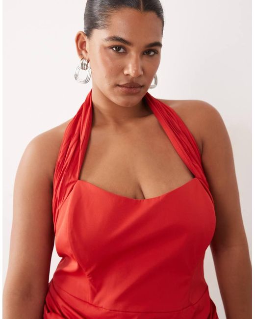 ARRANGE Red Curve Halter Shir Waistband Maxi Dress