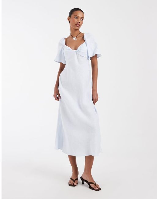 & Other Stories White Linen Puff Sleeve Midaxi Dress With Twist Sweetheart Neckline