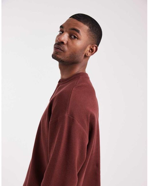 ASOS Red Boxy Oversized Long Sleeve T-shirt With Henley Neck for men