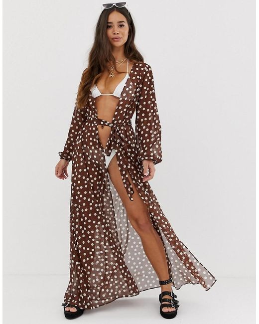 Womens Long Sleeve Wrap Tie Chiffon Maxi Beach Kimono In Brown Polka Dot