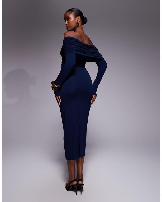 ASOS Blue Off Shoulder Twist Midi Dress With Long Sleeves