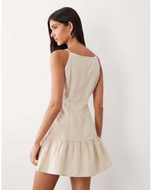 SNDY'S Natural Linen & Cotton Blend Square Neck Button Detail Ruffle Hem Mini Dress