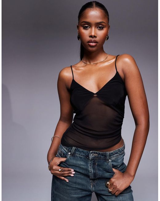 ASOS Black Asymmetric Hem Ruched Slinky Mesh Cami Top