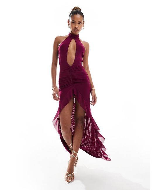 Murci Red Mesh Keyhole Plunge Halterneck Maxi Dress