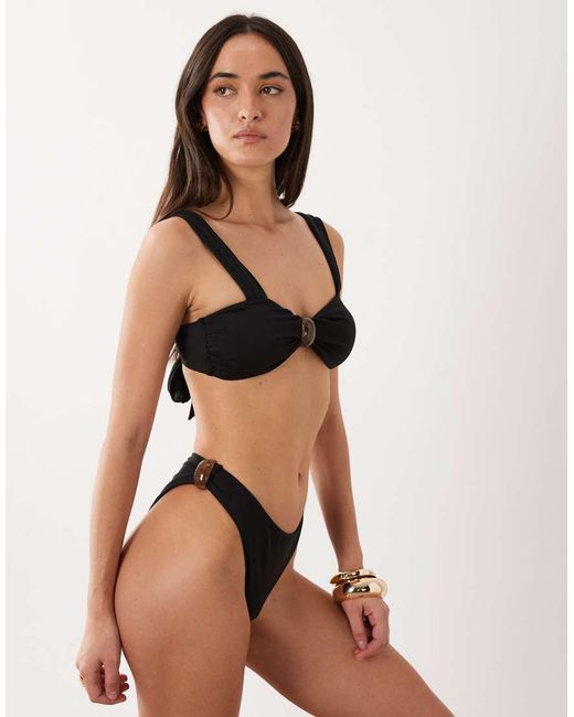 4th & Reckless Black Brown Resin Detail High Leg Brazilian Bikini Bottoms