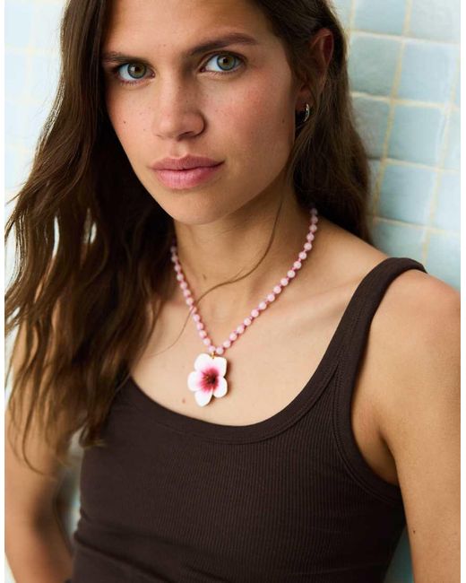 Bershka Black Beaded Hibiscus Pendant Necklace