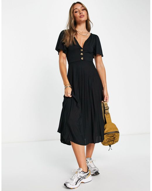 ASOS Pleated Waisted Midi Tea Dress With Buttons in Black Lyst Australia
