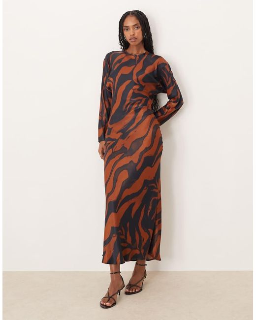 ASOS Natural Balloon Sleeve Crew Neck Satin Slip Maxi Dress
