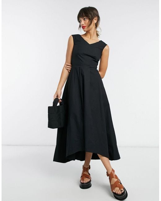 Closet Black V-neck High Low Pleated Midi Dress