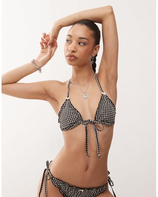 Reclaimed (vintage) Natural Tie Front Triangle Bikini Top With Frills