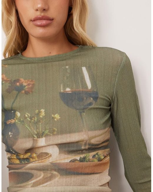 ASOS Brown Sheer Rib Printed Graphic Dinner Party Scene Top