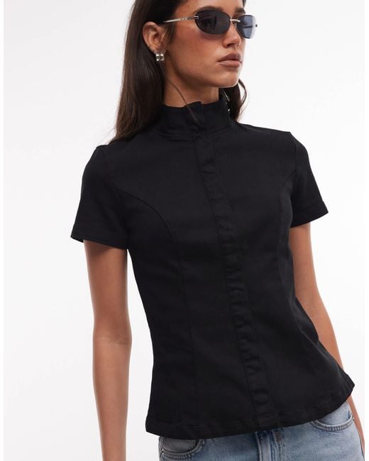 Weekday Black Structured Button Up Top