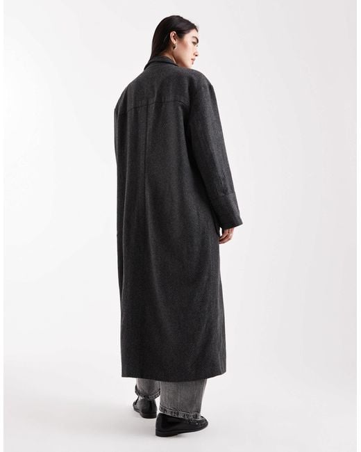 Daisy Street Black Large Herringbone Cocoon Coat With Deep Turn Up Cuffs