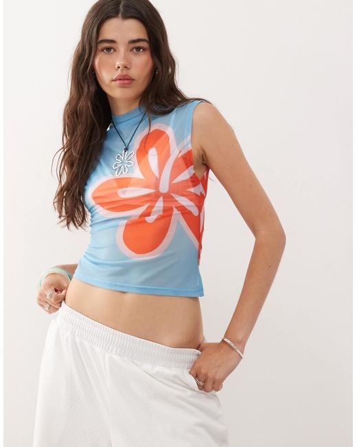 Collusion Blue Sheer Placement Print Mesh Funnel Neck Top