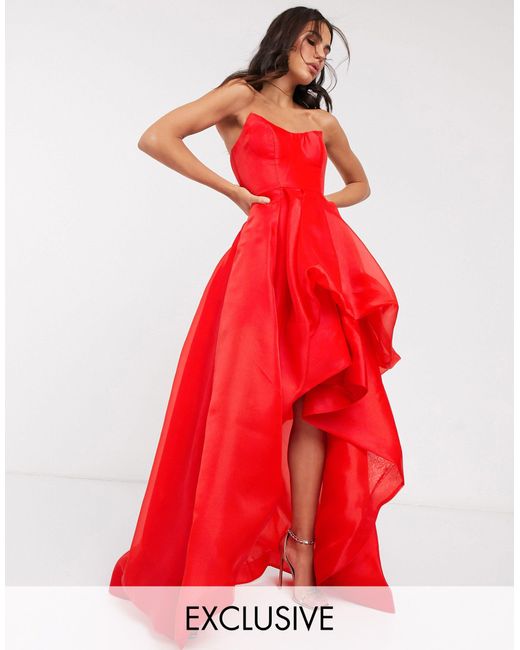Bariano Red Exclusive Bandeau High Low Organza Maxi Dress