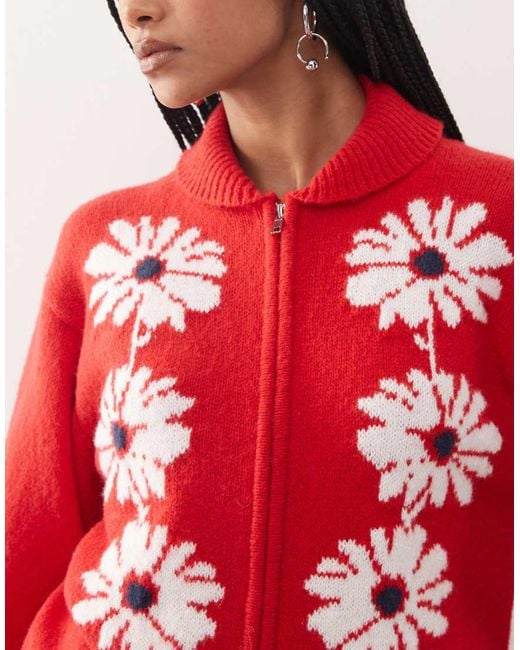 Reclaimed Vintage Red Knit Zip Up Cardigan With Flower Detail