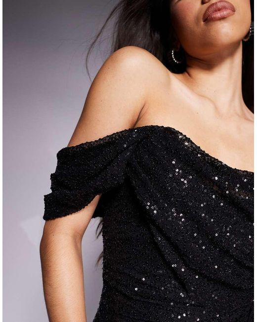 Goddiva Black Sequin Cowl One Shoulder Midi Dress