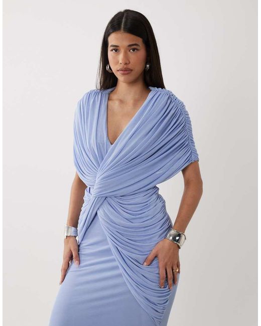 ASOS Blue Twist Plunge Neck Cape Midaxi Dress