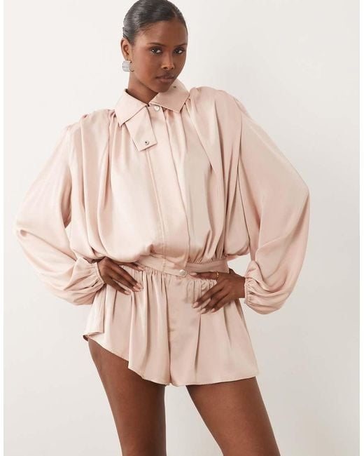 Noughts & Kisses Natural Satin High Neck Extreme Drape Balloon Sleeve Playsuit