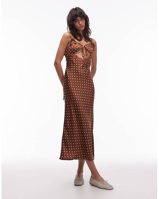 emory park Brown Polka Dot Cut-out Detail Satin Midaxi Dress