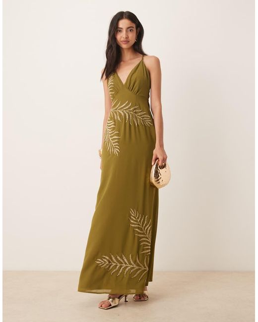 Maya Green Embellished Strappy Cross Back Maxi Dress