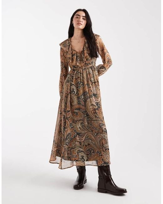 New Look Natural Paisley Chiffon Long Sleeve Midi Dress