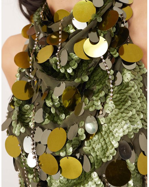 ARRANGE Blue Embellished Sequin And Fringe Halter Cowl Neck Top