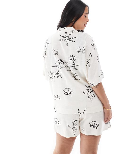 Asos design curve - chemise d'ensemble en lin mélangé à imprimé esquisses et manches courtes ASOS en coloris White