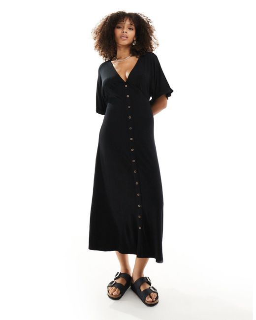 ASOS Black Roll Sleeve Button Front Midi Tea Dress