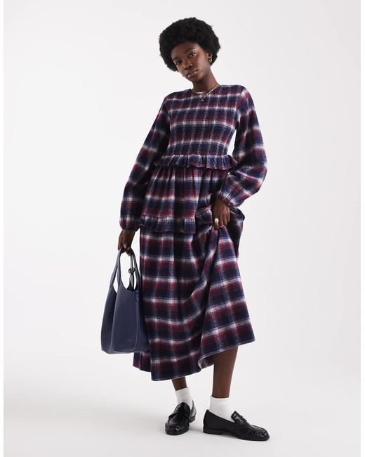 Native Youth Blue Brushed Plaid Midaxi Dress