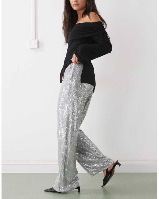 Noisy May Gray High Waist Pull On Sequin Trousers