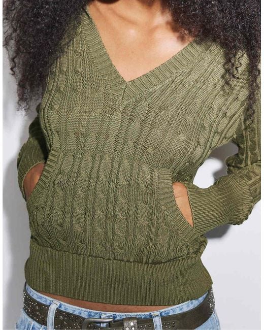 Stradivarius Green Hooded Cable-Knit Jumper