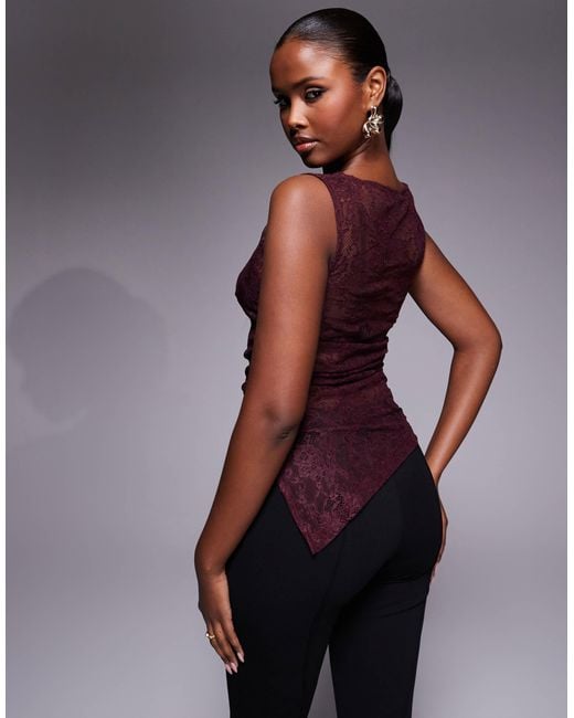 ASOS Purple Sleeveless Gathe Side Lace Asymmetric Detail Top