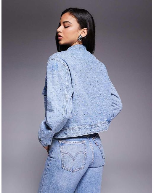 GOOD AMERICAN Blue Distressed Rhinestone Denim Jacket