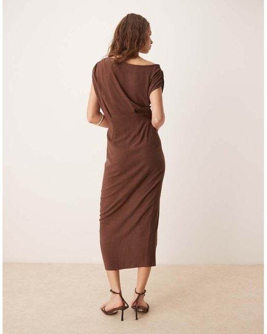 ASOS Natural Linen Blend Fallen Twisted Shoulder Wrap Skirt Detail Midi Dress