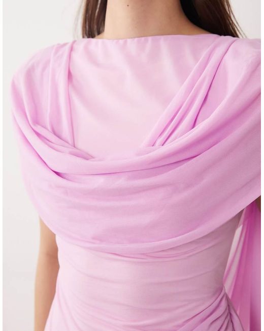 ASOS Pink Stretch Chiffon Cape Detail Cowl Maxi Dress With Sash Detail
