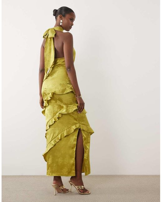Y.A.S Green Halter Neck Jacquard Ruffle Maxi Dress