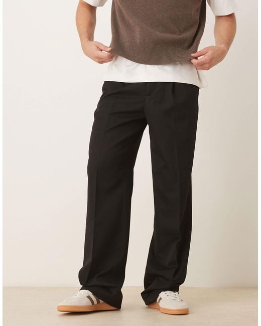 ASOS Black Smart Wide Leg Stacked Trousers With Pleats for men