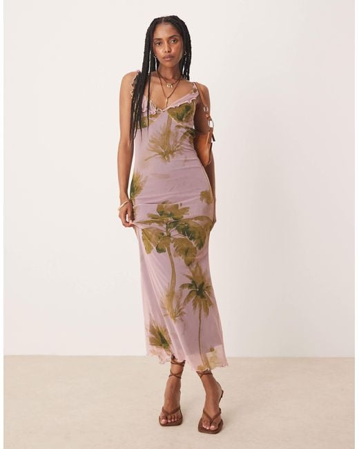 Robe mi-longue en tulle avec bretelles à volants - imprimé fleurs vintage ASOS en coloris Pink