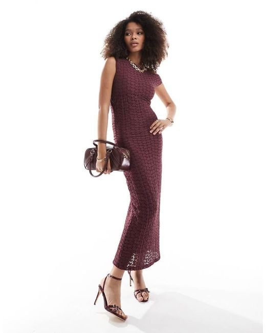 Pull&Bear Red Sleeveless Textu Lace Maxi Dress