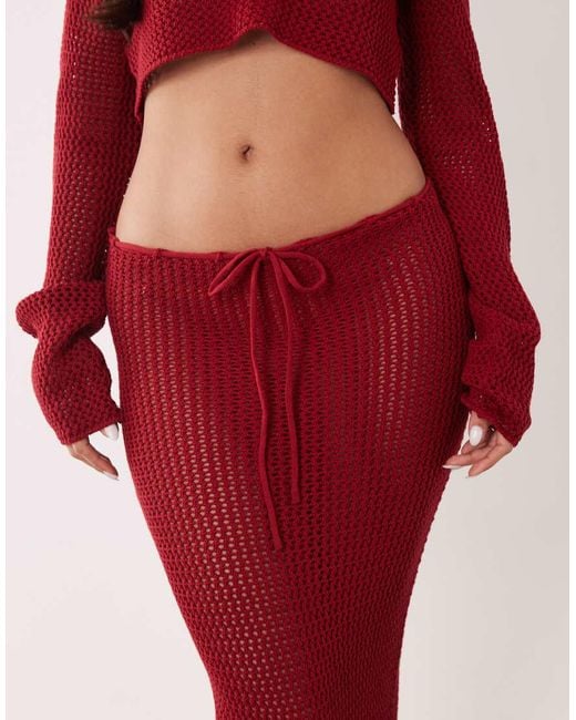 Aria Cove Red Open Crochet Off Shoulder Flare Sleeve Beach Crop Top Co-ord