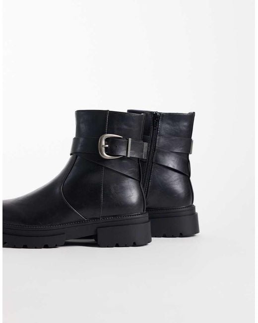 SEQWL Wide Fit Black Perth Chunky Buckle Detail Boots