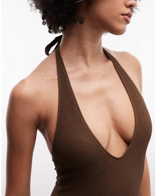Monki Brown Crinkle Plunge Swimsuit