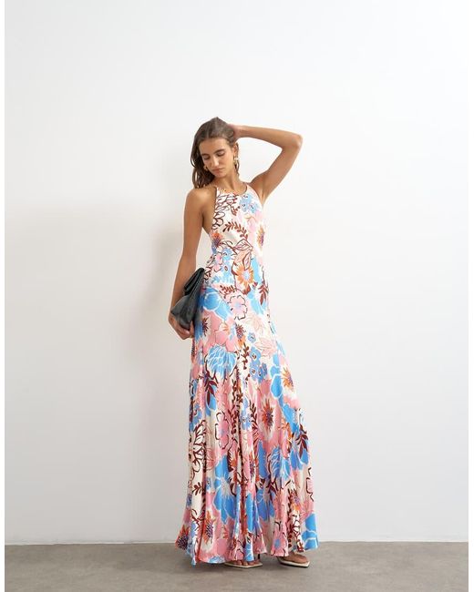 TOPSHOP White Satin Cut Away Racer Neck Full Skirt Maxi Dress