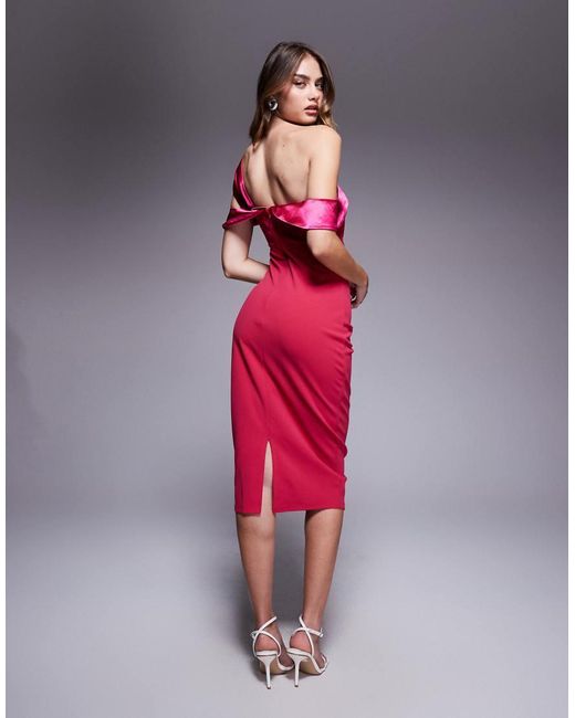 Goddiva Red One Shoulder Satin Band Bodycon Midi Dress