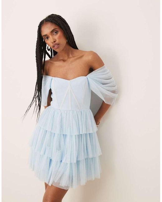 LACE & BEADS Blue Off Shoulder Corset Tulle Mini Dress